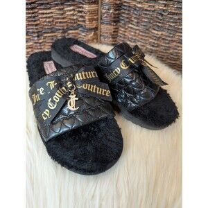Juicy Couture Quilted Faux Fur Slippers Women's XL Slides Rhinestones Bow Hearts